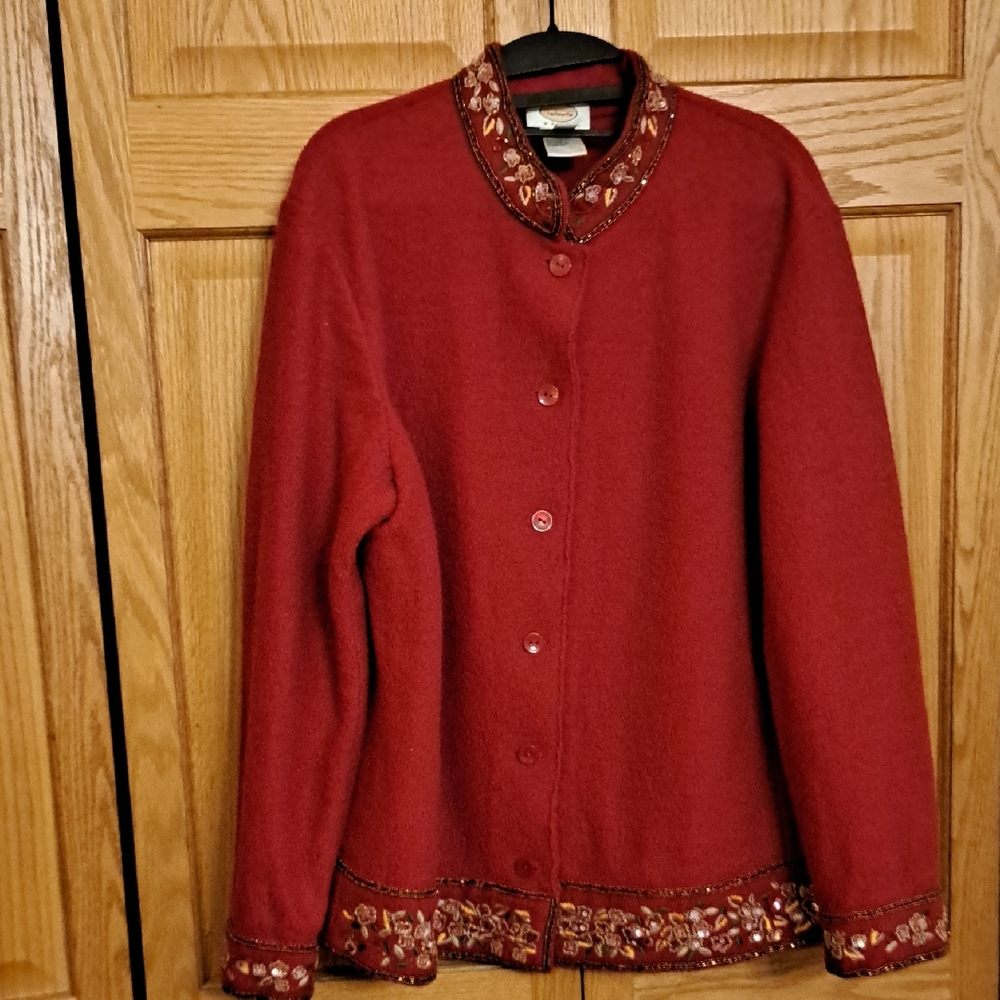 Red Wool Embellished 1x Wool Sweater 27 In. Long 23 In.across Chest
